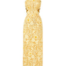 Yellow floral lace maxi dress by I.H.F Studio with waist cut-out details, perfect for elegant summer occasions.