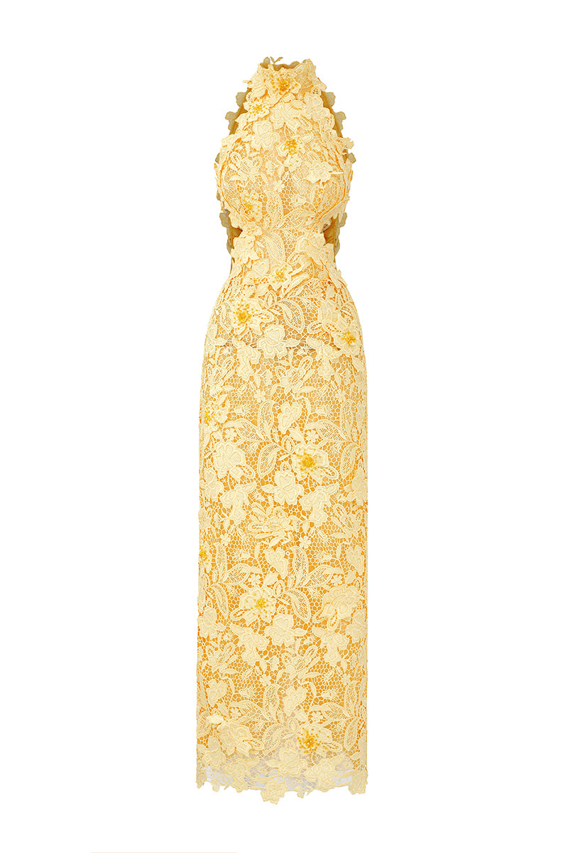 Yellow floral lace midi dress with waist cut-out details from CULT MIA X I.H.F Studio, perfect for elegant garden-inspired looks.