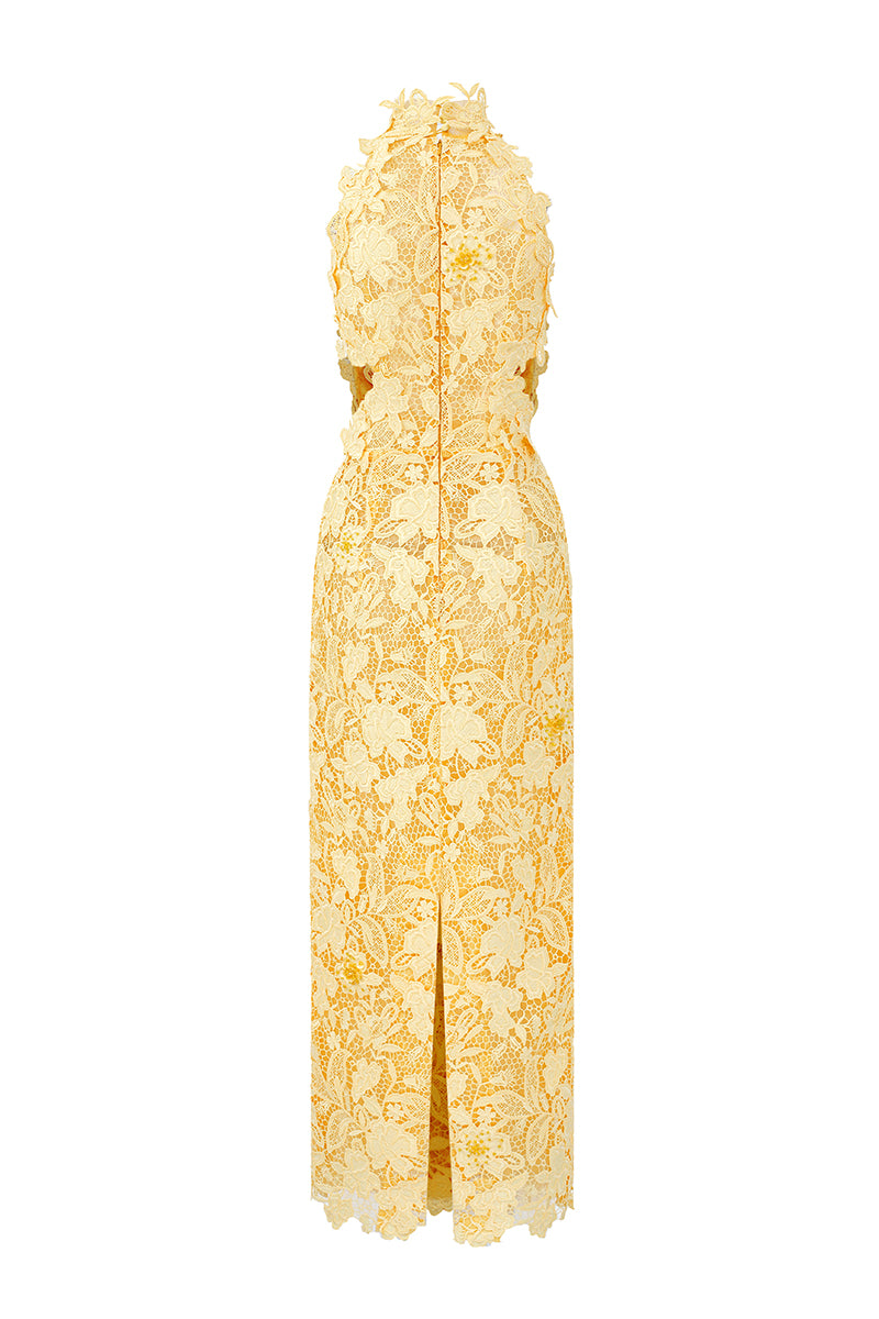 Yellow floral lace midi dress by I.H.F Studio with waist cut-out details, perfect for elegant garden or summer occasions.