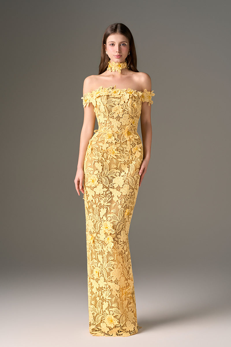 Yellow floral lace off-shoulder maxi dress by I.H.F Studio with intricate garden pattern and elegant off-shoulder design.