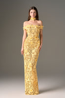 Yellow floral lace off-shoulder gown by I.H.F Studio with intricate garden-inspired design, perfect for elegant occasions.