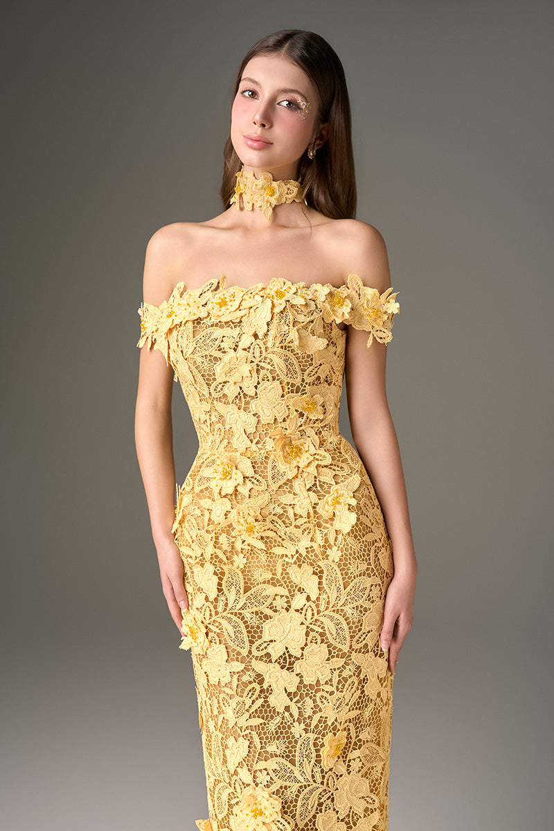 Yellow floral lace off-shoulder maxi dress by I.H.F Studio featuring a feminine design and elegant garden-inspired details.