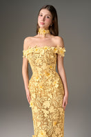Yellow floral lace off-shoulder gown by I.H.F Studio with intricate garden pattern and elegant design, perfect for special occasions.