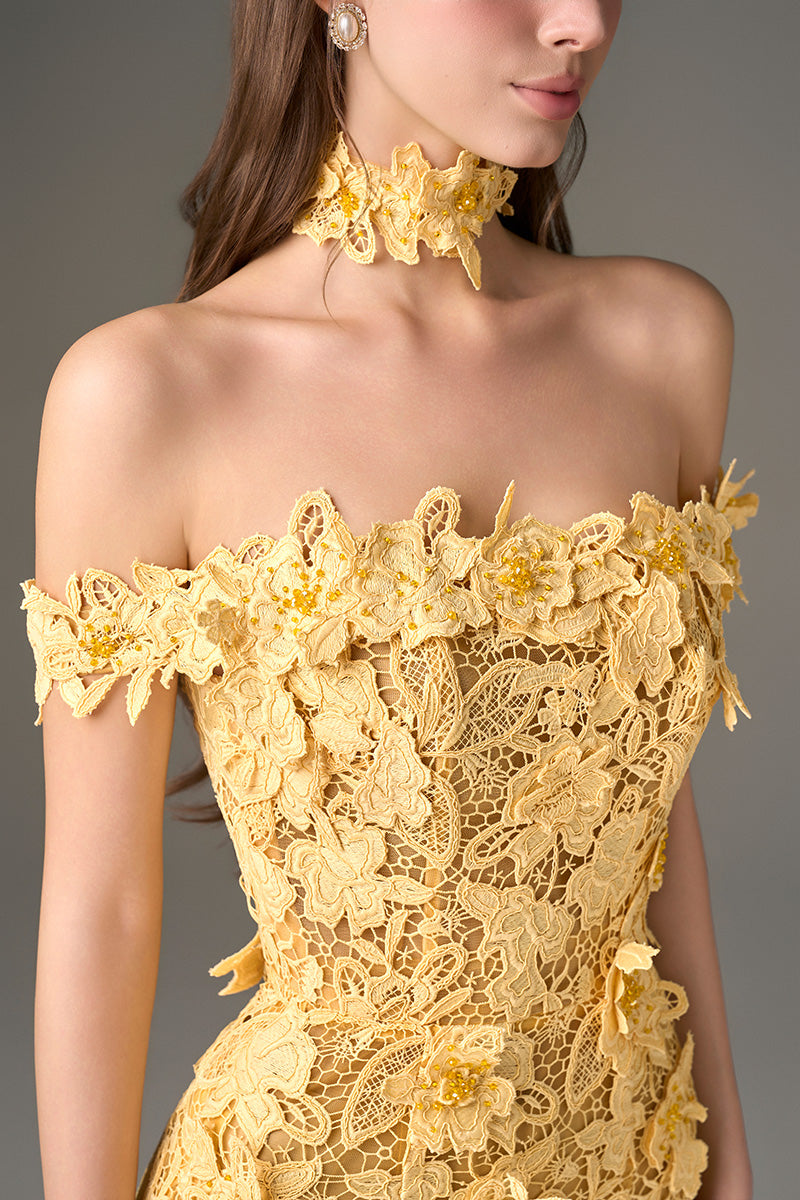 yellow lace off shoulder dress Jovani 23848 Mustard Off the Shoulder Ruffle Neckline Dress
