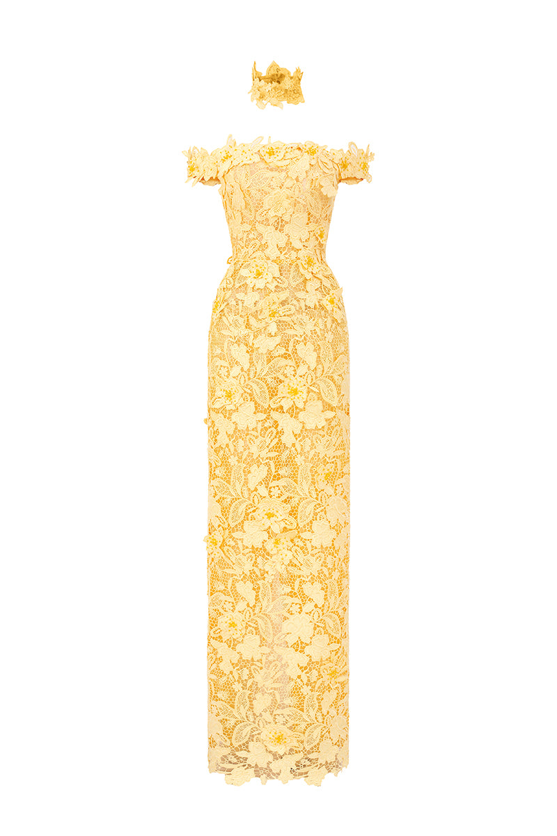 Yellow floral lace off-shoulder maxi dress by I.H.F Studio with a flowing silhouette and elegant garden-inspired design.