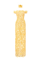 Yellow floral lace off-shoulder gown from I.H.F Studio with intricate garden-inspired lace details.
