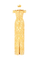 Yellow floral garden lace off-shoulder gown by I.H.F Studio featuring delicate lace details and a flowing design.