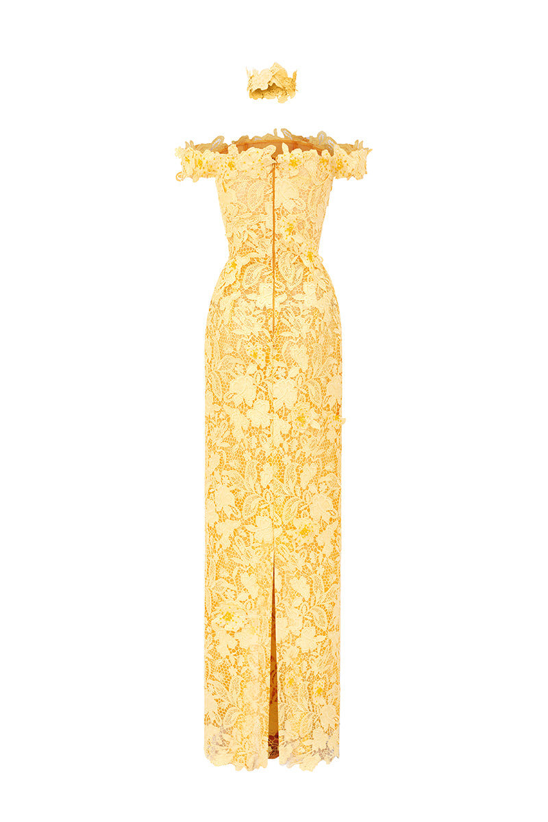 Yellow floral garden lace off-shoulder gown by I.H.F Studio featuring delicate lace details and a flowing design.