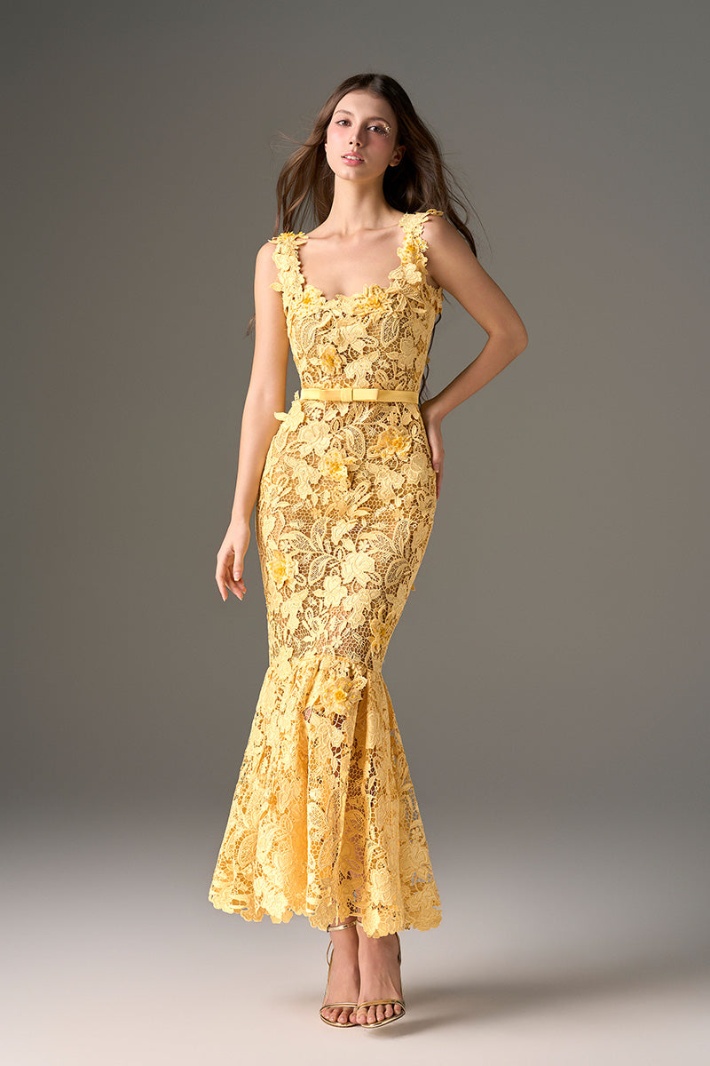 Yellow floral garden midi dress by I.H.F Studio featuring a mermaid silhouette and sleeveless design.