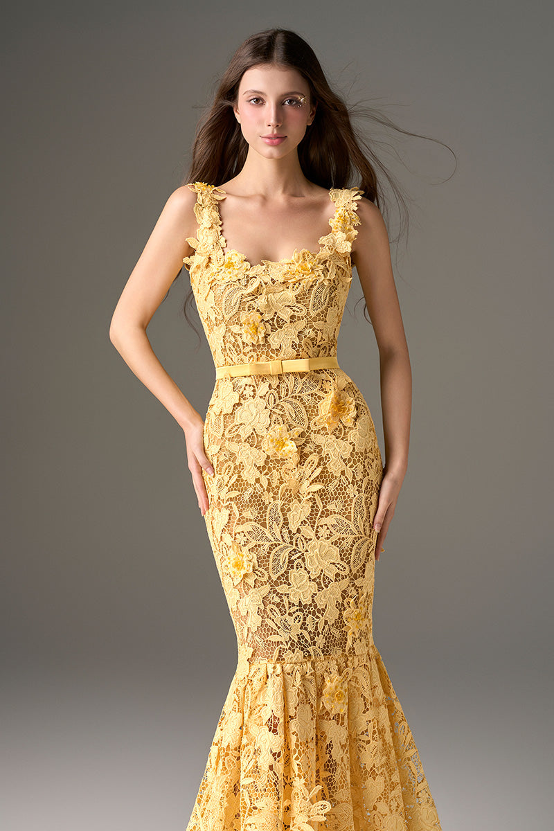 Yellow floral garden midi dress by I.H.F Studio featuring a mermaid silhouette and sleeveless design.