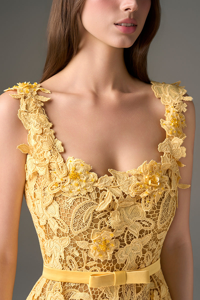Yellow floral garden mermaid midi dress by I.H.F Studio, sleeveless design with a fitted silhouette and vibrant pattern.