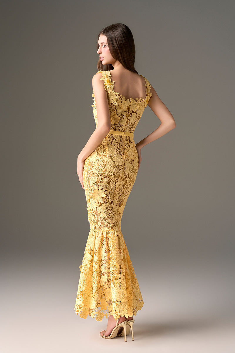 CULT MIA X I.H.F STUDIO FLORAL GARDEN YELLOW MERMAID MIDI DRESS