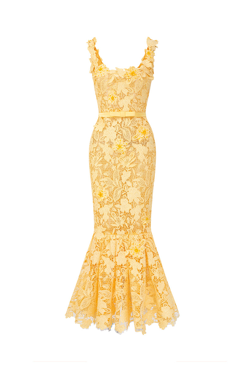 Yellow floral garden print mermaid midi dress by I.H.F Studio, sleeveless design, elegant and flowing for stylish occasions.