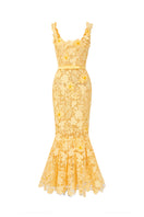 I.H.F Studio Cult Mia X floral garden yellow mermaid maxi dress with a sleeveless, fitted silhouette and vibrant floral pattern.