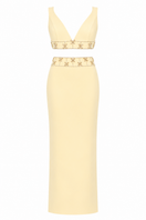 Yellow Monika Dimova embellished crepe co-ord set featuring a two-piece design with intricate embellishments and elegant style.