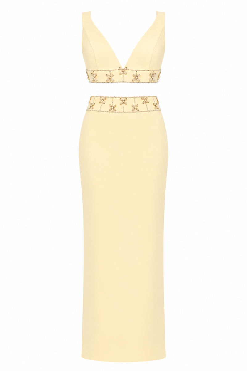 Yellow Monika Dimova embellished crepe co-ord set featuring a two-piece design with intricate embellishments and elegant style.