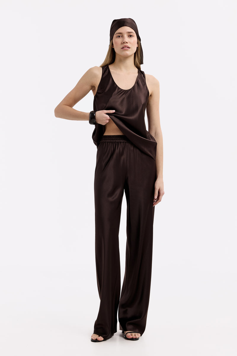 YORK ESPRESSO SILK-SATIN BIAS-CUT PALAZZO PANTS - CULT MIA