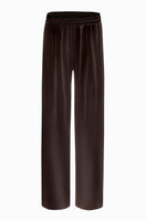 Serenity York espresso silk-satin bias-cut Palazzo pants featuring a flowy, elegant design and wide-leg style.