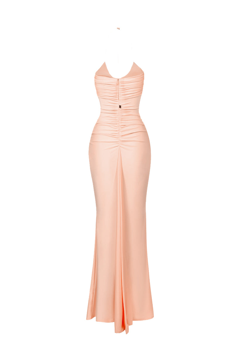 Back view of BBXBRAND Yumaya Maxi Dress in pastel reef, flowy chiffon maxi dress with long sleeves and elegant design.
