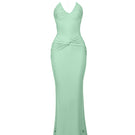 BBXBRAND Yumaya Maxi Dress in Lagoon showing the front view with flowy fabric and vibrant blue-green color.