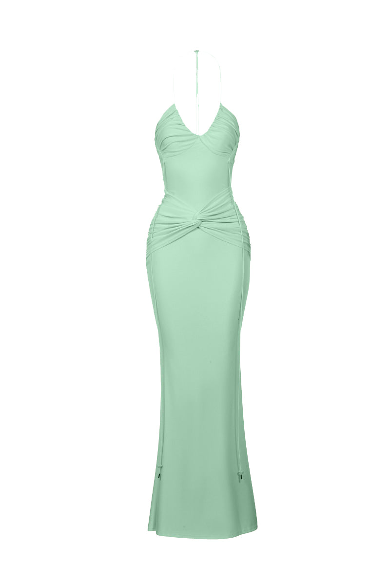BBXBRAND Yumaya Maxi Dress in Lagoon showing the front view with flowy fabric and vibrant blue-green color.