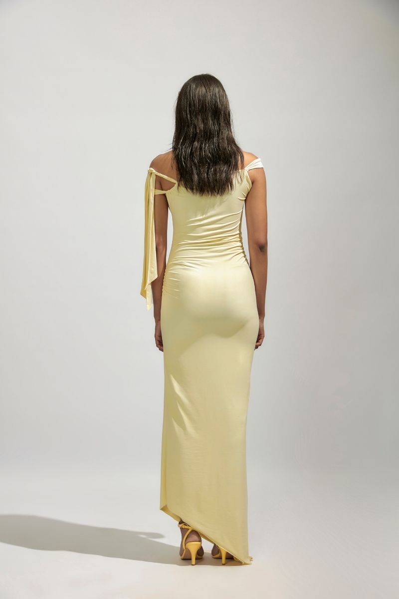 Deme By Gabriella Yvette Butter Yellow Maxi Dress featuring lightweight fabric and flowing silhouette for elegant summer wear.