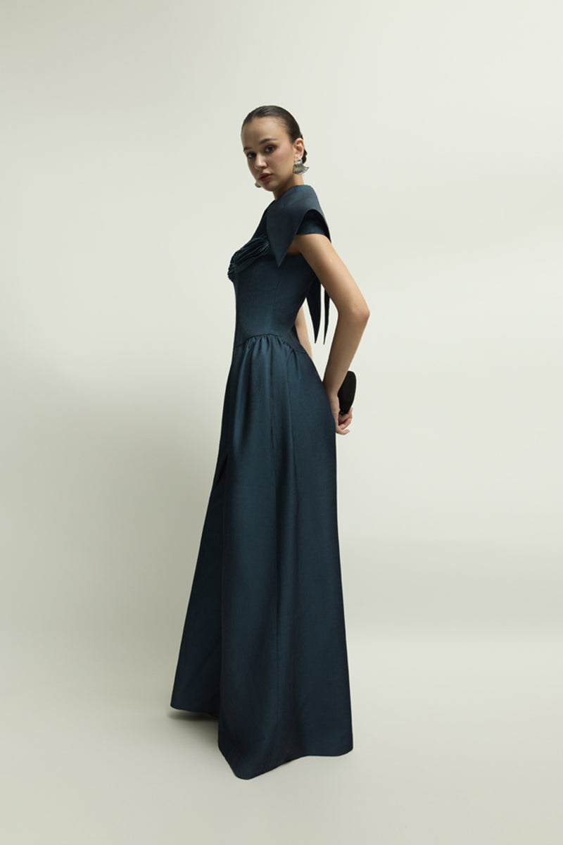 Dark blue Zelie jumpsuit by Jenny K Tran, featuring a stylish, tailored design, shown on a model with a relaxed fit and elegant silhouette.