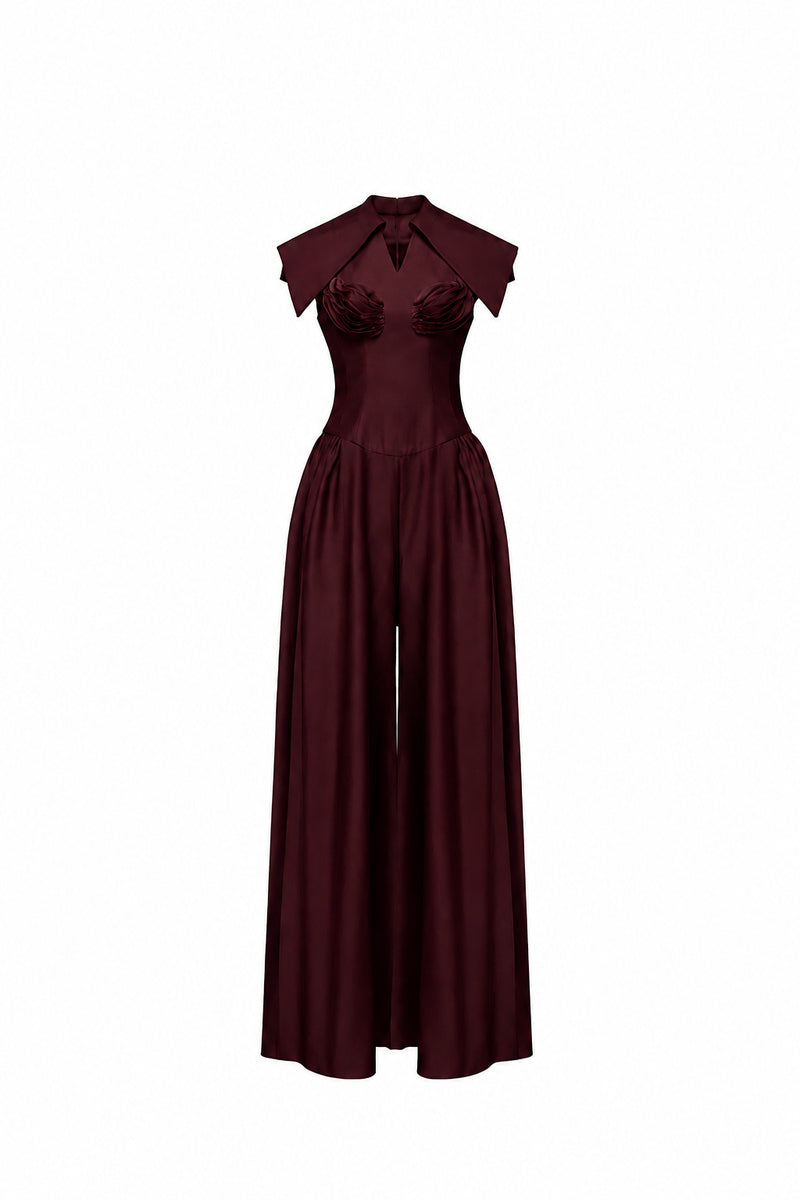 Jenny K Tran Zelie jumpsuit in burgundy, featuring a stylish, fitted design with long sleeves and a sleek, elegant silhouette.