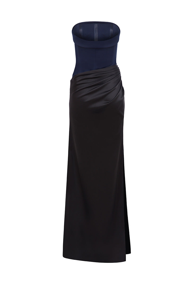 Navy and black Zeynep maxi dress by Moon Hakaan Yildirim, back view showcasing elegant flowing fabric and stylish design.