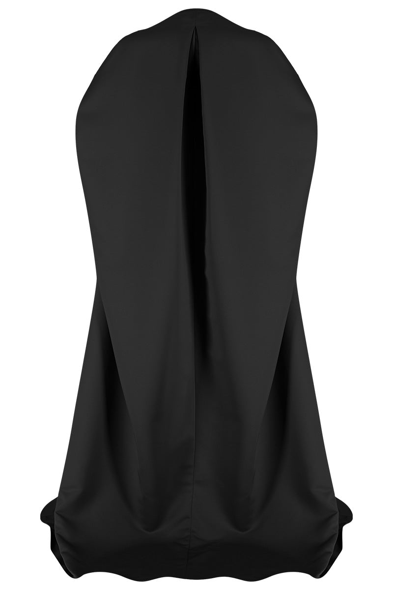 Black pea cape jacket by MOON / HAKAN YILDIRIM, shown from the back with a structured design and smooth fabric.