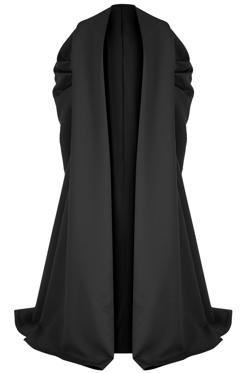 Black PEA cape jacket by MOON / HAKAN YILDIRIM featuring a stylish design, front view, made from a sleek fabric.