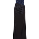 Moon Zeynep gown in navy and black, elegant long dress with a fitted bodice and flowing skirt, stylish evening wear.