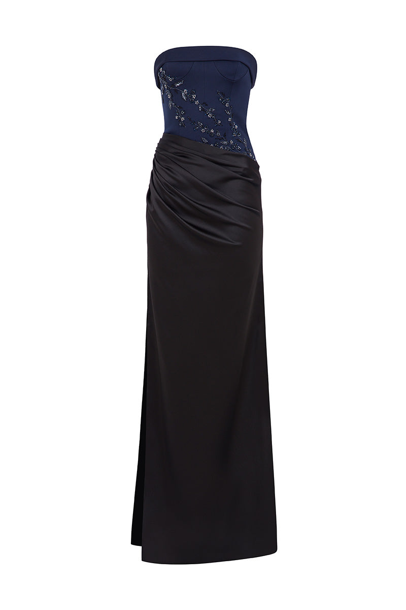 Navy and black MOON HAKAN YILDIRIM Zeynep maxi dress displayed from the front, showcasing elegant flowy fabric and stylish design.