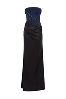 Moon Zeynep gown in navy and black, elegant long dress with a fitted bodice and flowing skirt, stylish evening wear.