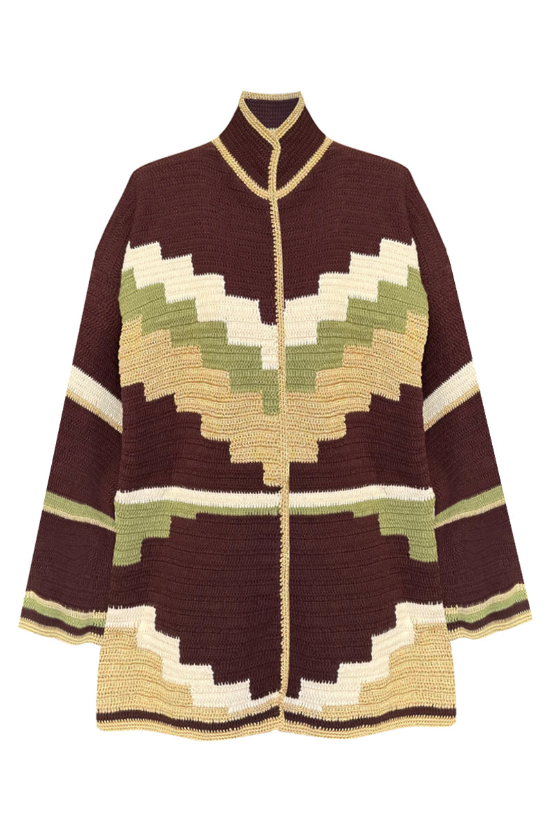 Jessica K ZINA brown cardigan jacket with a cozy fit, shown in a front view on a plain background.