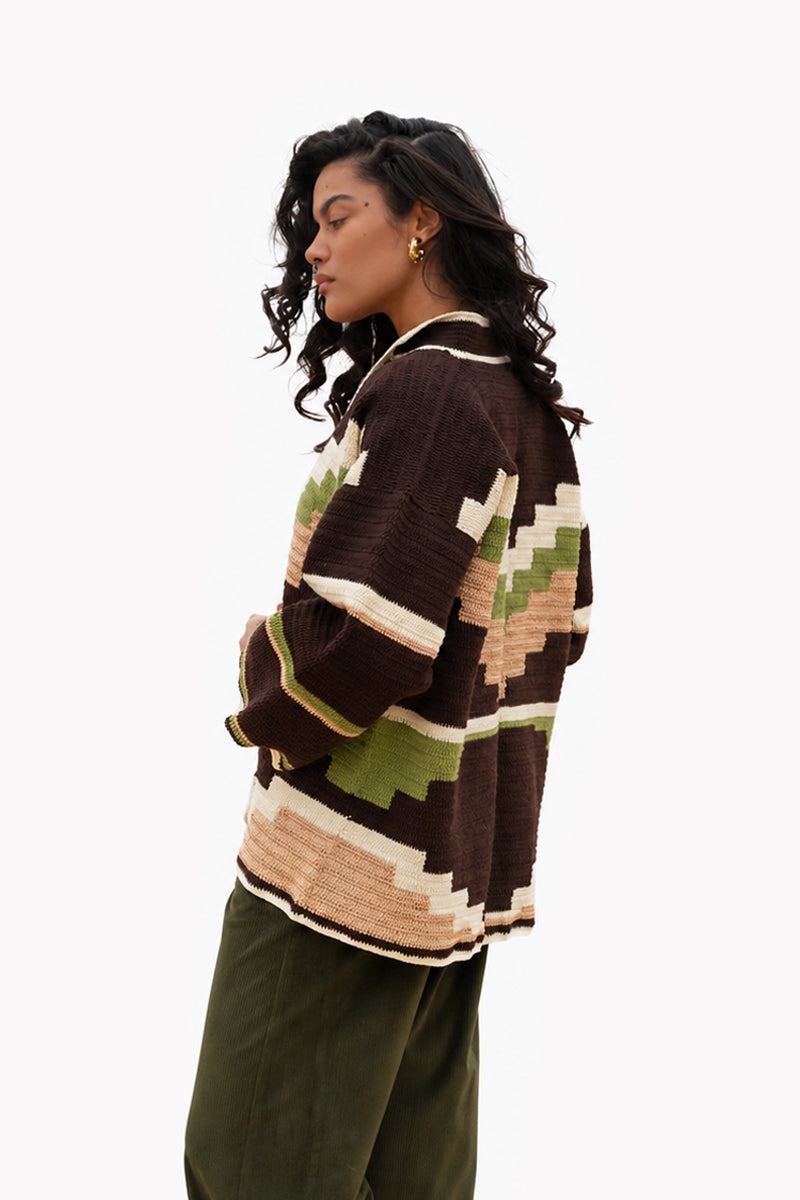 Jessica K ZINA brown cardigan jacket displayed on a model, featuring a cozy knit fabric and stylish collar details.