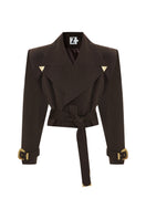 Brown oversized mini trench jacket by Zeynep Tosun, front view showcasing classic collar and belted waist.