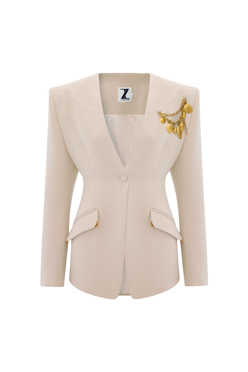 Beige Zeynep Tosun sea shell jacket with front view, stylish design, and textured fabric, perfect for a chic outerwear look.