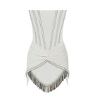 Zeynep Tosun off-white strapless mini dress with detailed corset design, front view showcasing fitted silhouette and intricate embroidery.