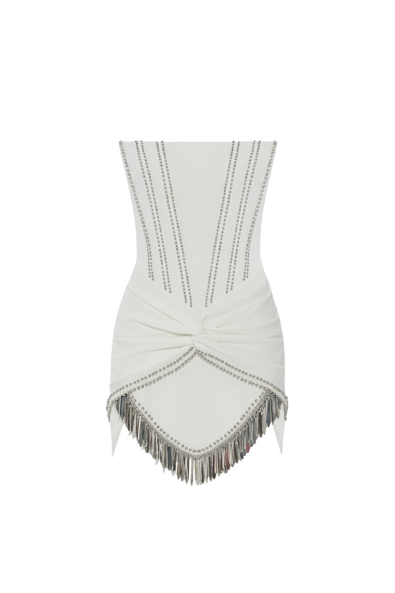 CORSET DETAILED STRAPLESS MINI DRESS IN OFF-WHITE