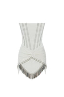Zeynep Tosun off-white strapless mini dress with detailed corset design, front view showcasing fitted silhouette and intricate embroidery.