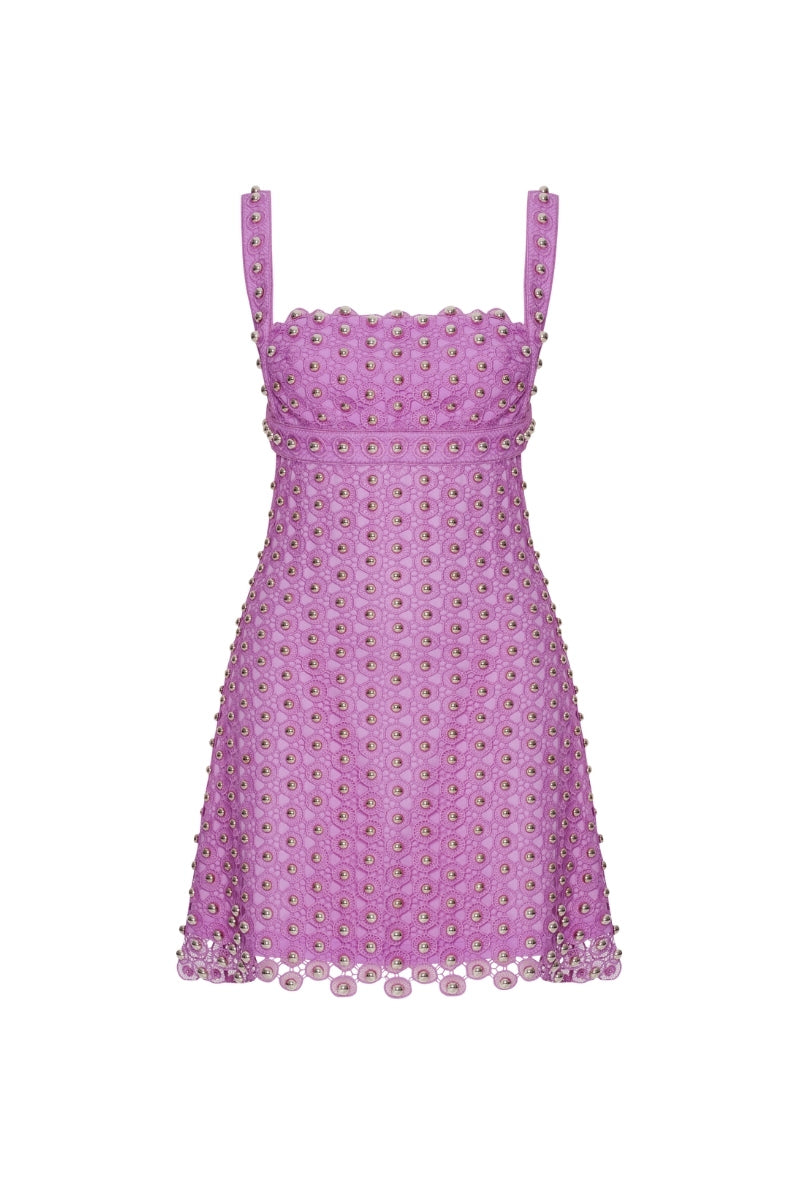 Pink strapless mini dress by Zeynep Tosun featuring intricate corset detailing and a fitted silhouette.