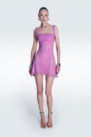 Pink strapless mini dress by Zeynep Tosun featuring intricate corset detailing and a fitted silhouette.