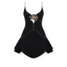 Black Rose and Thorns mini dress by Zeynep Tosun, front view showcasing fitted silhouette and floral details.