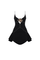 Black Rose and Thorns mini dress by Zeynep Tosun, front view showcasing fitted silhouette and floral details.