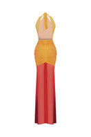 Zeynep Tosun Sunset backless printed tulle maxi dress with colorful floral patterns and flowing silhouette.