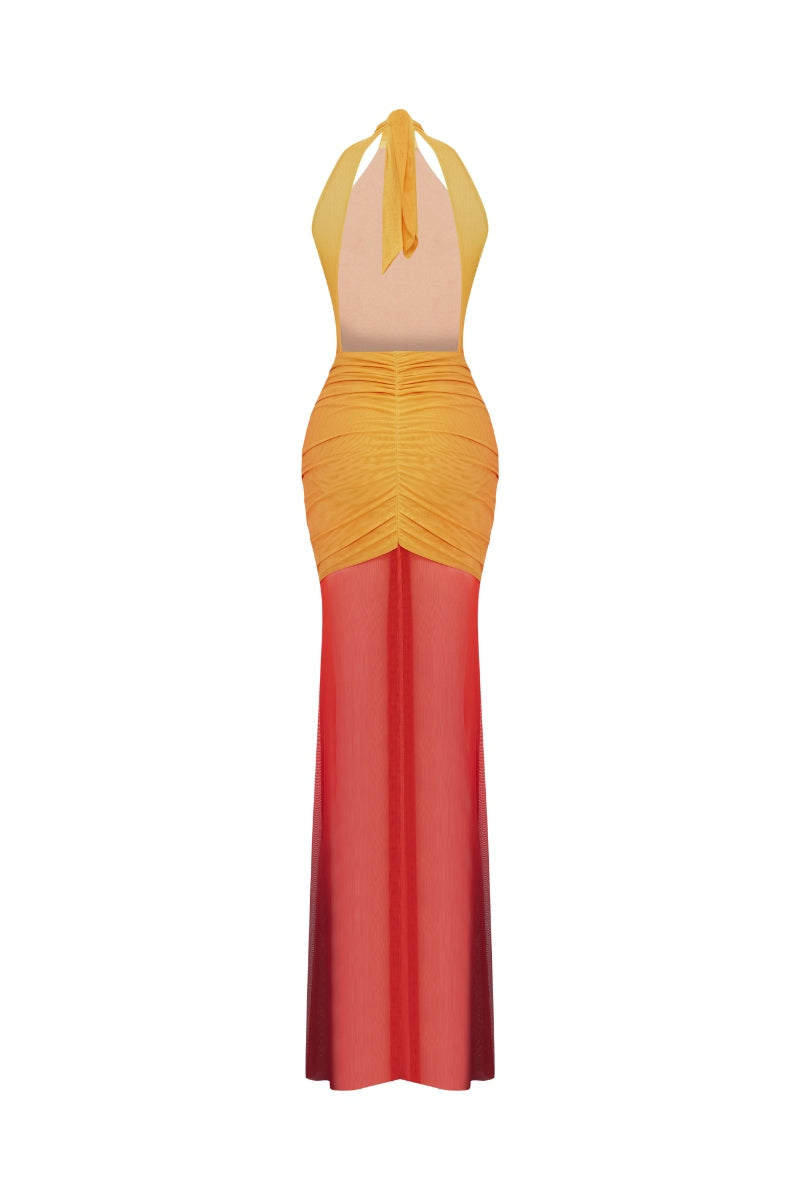 Zeynep Tosun Sunset backless printed tulle maxi dress with colorful floral patterns and flowing silhouette.