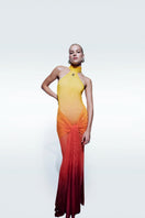 Zeynep Tosun Sunset backless printed tulle maxi dress with colorful floral pattern and flowing silhouette.