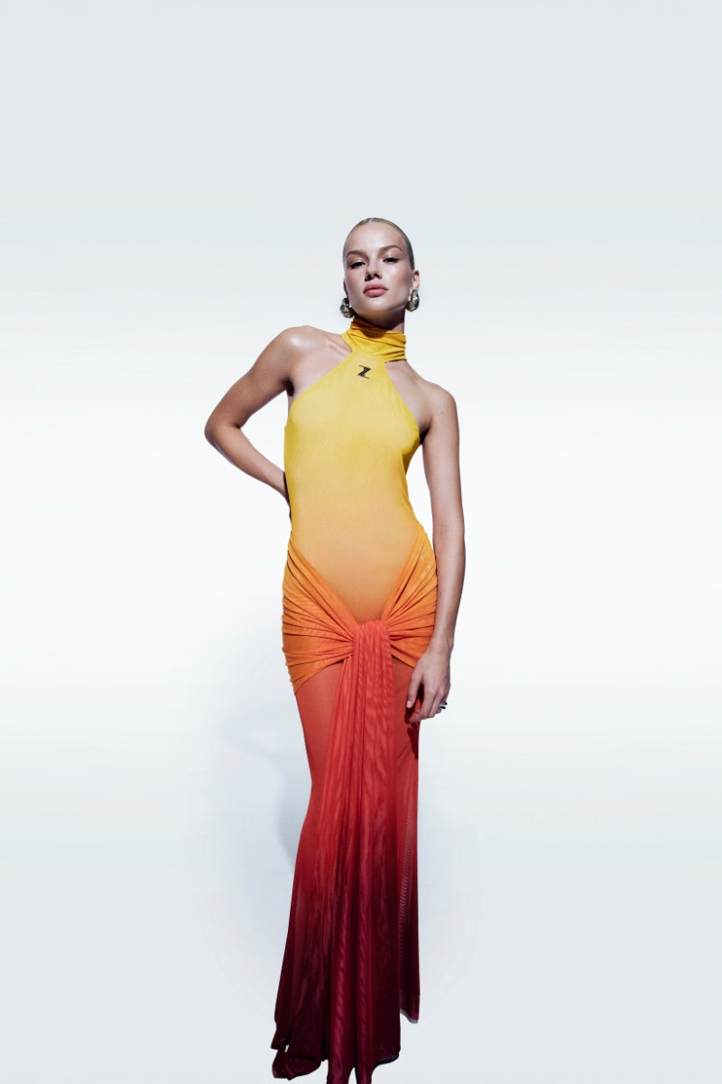 Zeynep Tosun Sunset backless printed tulle maxi dress with colorful floral pattern and flowing silhouette.