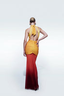Zeynep Tosun sunset backless printed tulle maxi dress with colorful floral patterns and flowing silhouette.